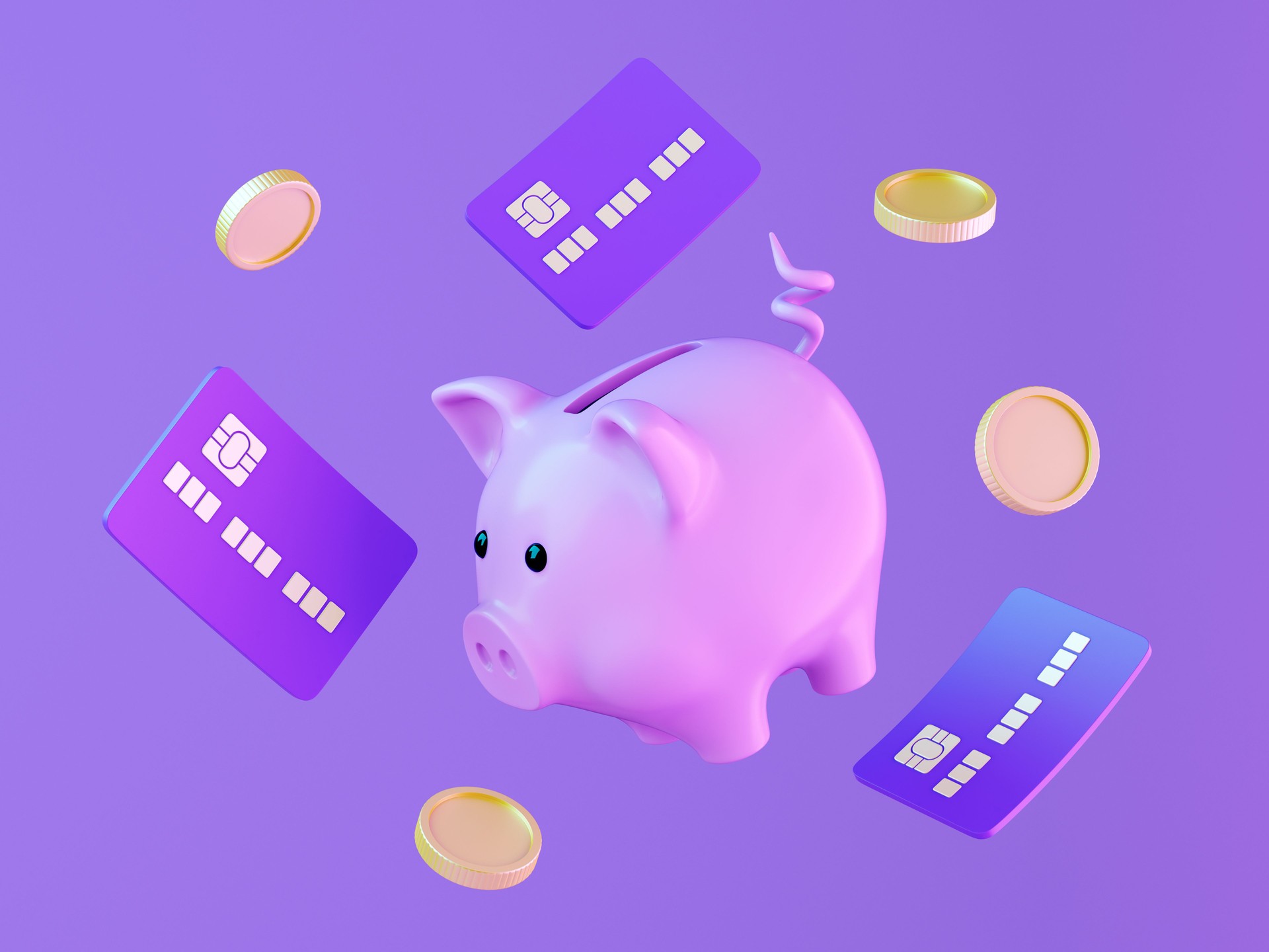 Tirelire avec cartes de crédit et pièces de monnaie sur fond violet